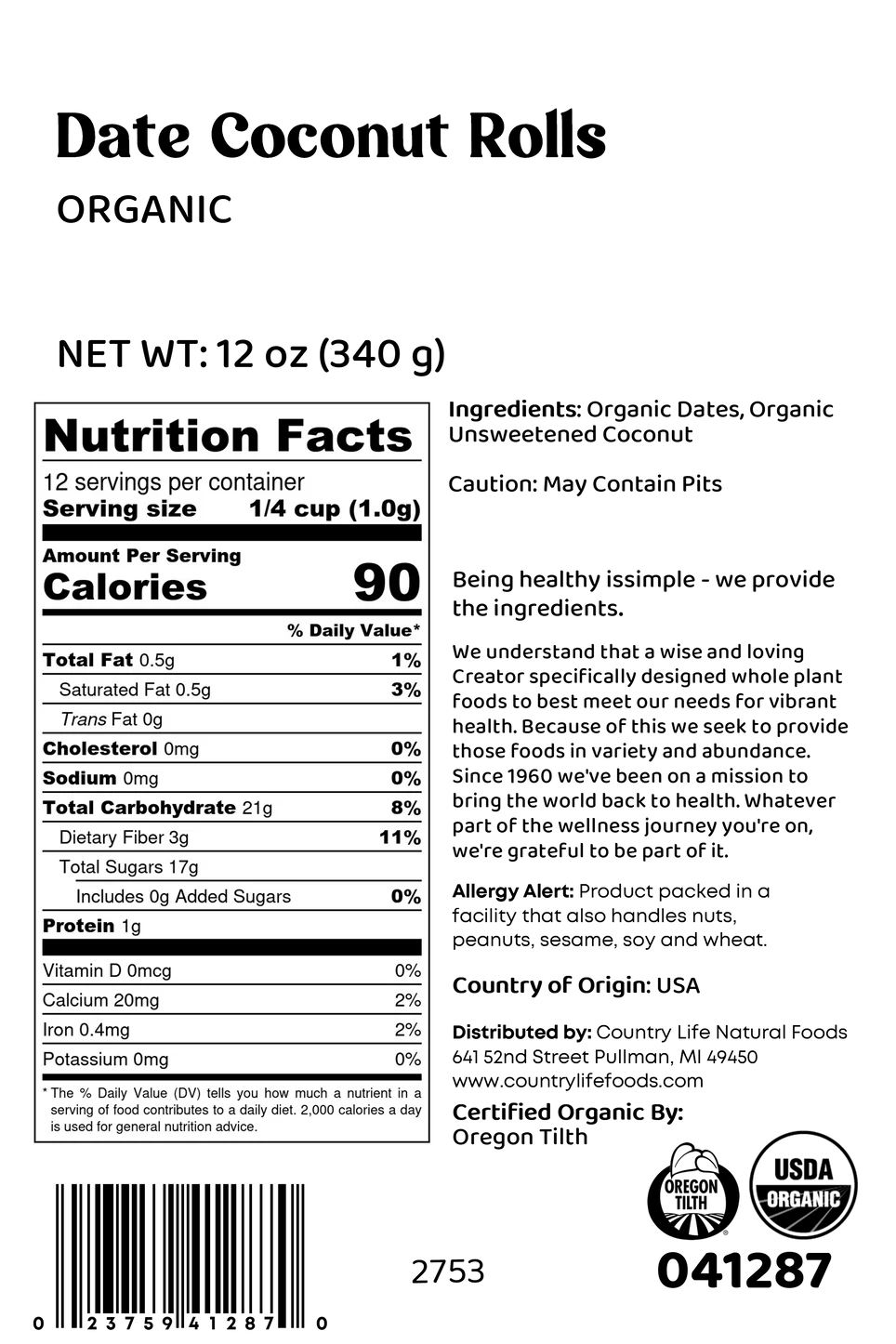 Date Coconut Rolls, Organic, 2 Rolls