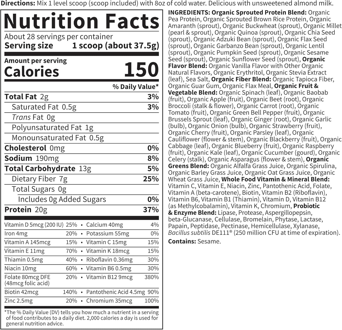 Protein Powder, RAW, Organic, Vanilla Flavor 23.28 oz