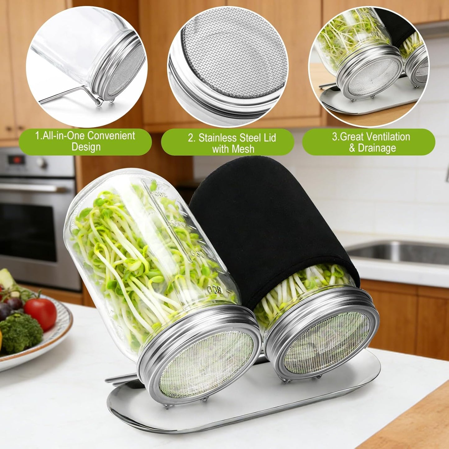 Sprouting Lid with Attached Stand, Stainless Steel, Widemouthed