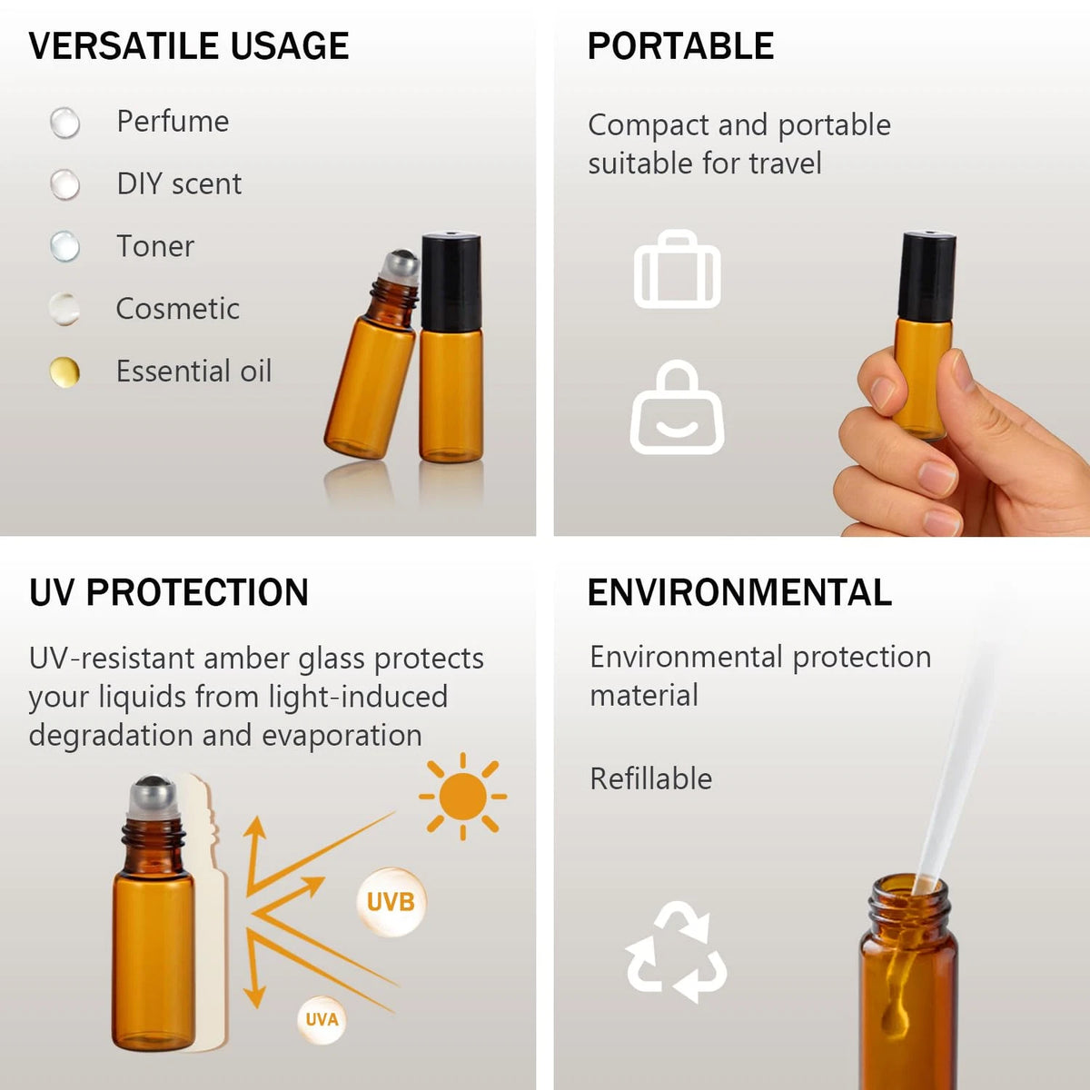 Glass Roll-On Applicator w/ Lid Amber 5ml