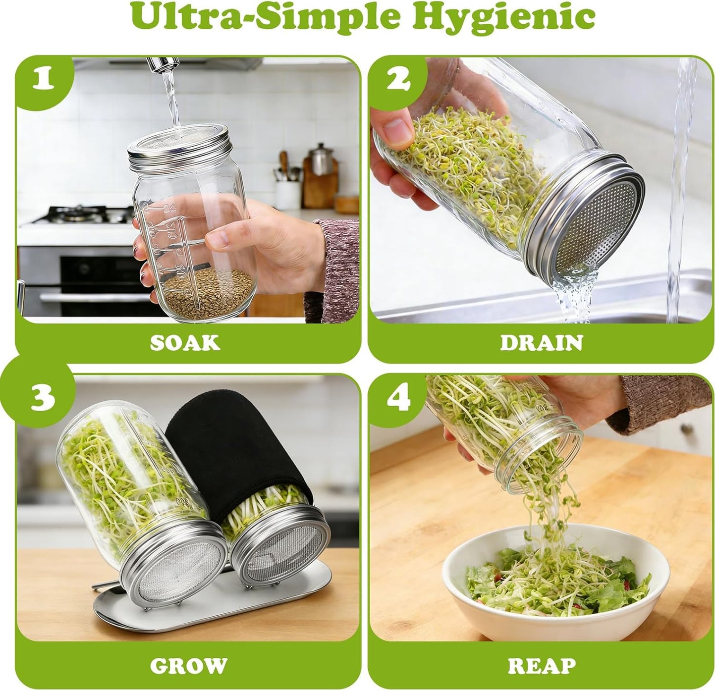 Sprouting Lid with Attached Stand, Stainless Steel, Widemouthed
