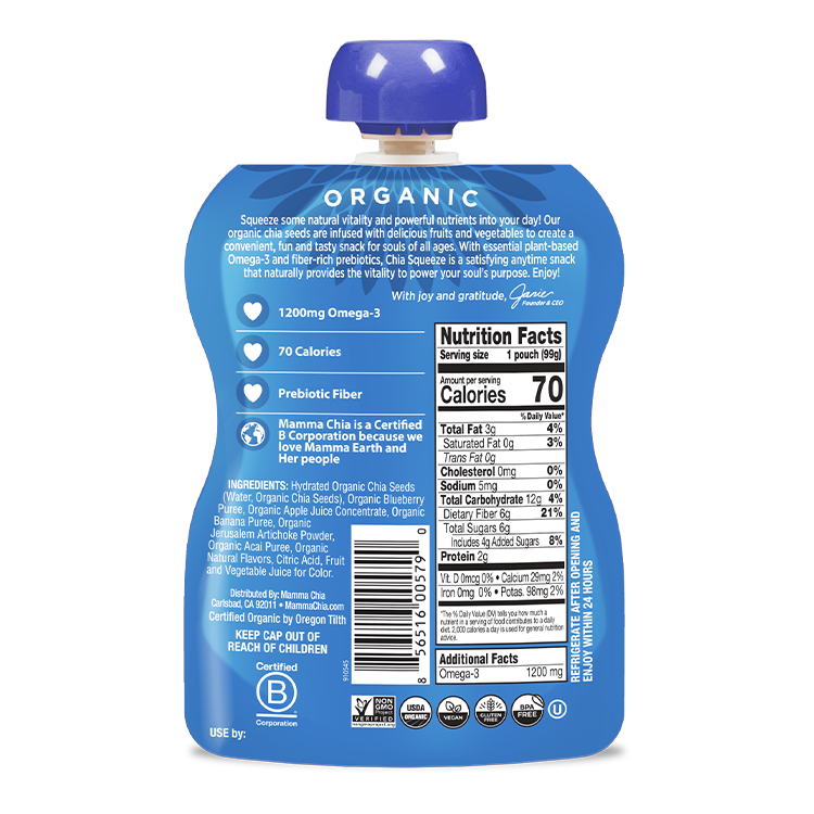 Mama Chia Prebiotic Squeeze Snack, Blueberry Acai 3.5 oz